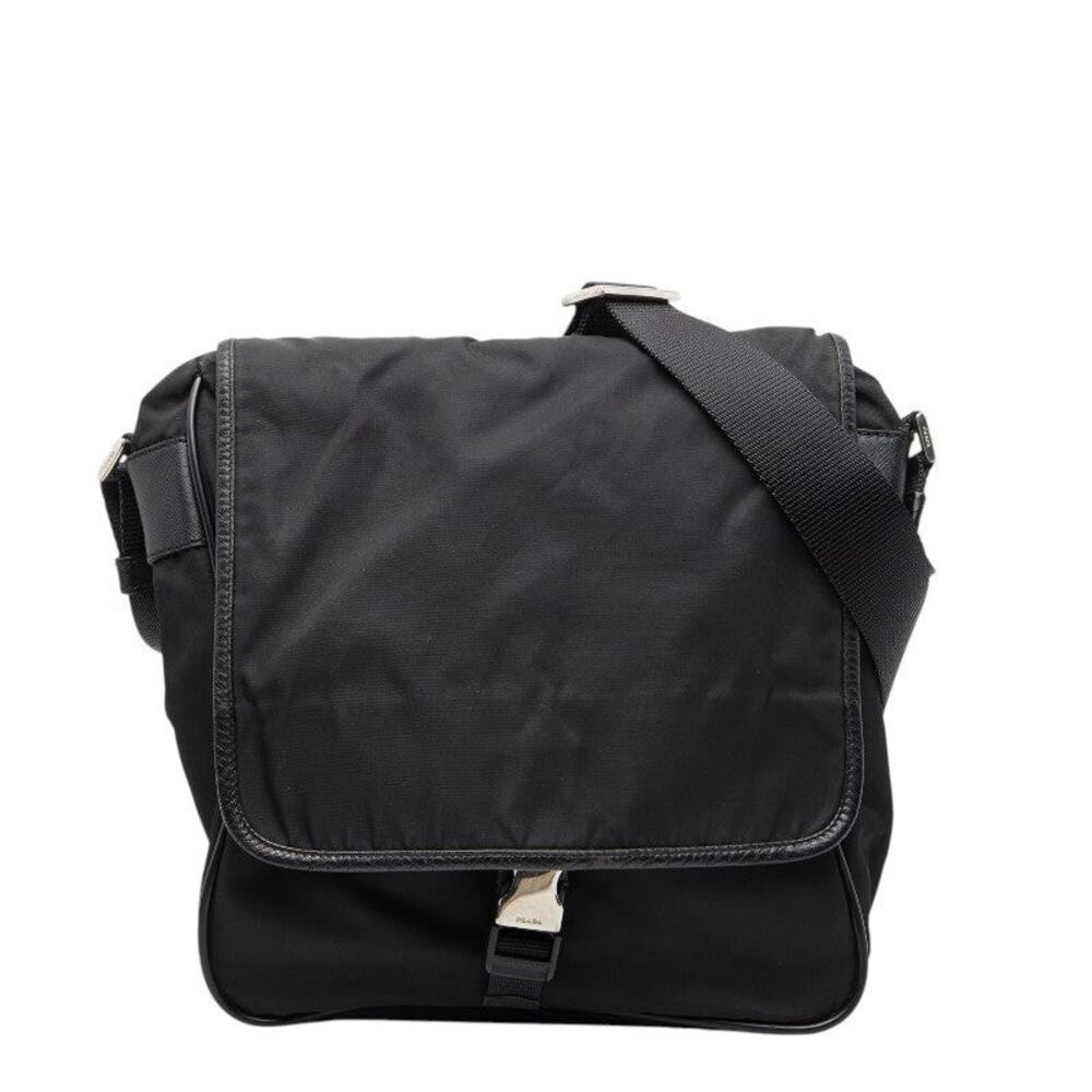 Prada Saffiano Triangle Logo Plate Shoulder Bag Black
